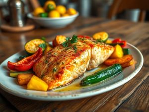 Salmão Assado com Legumes Tropical