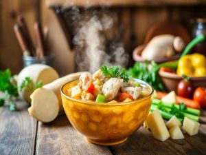 Caldo Mandioca com Frango Saboroso