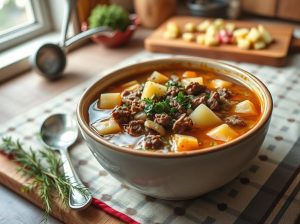 Caldo de Carne Moída com Batata Delícia